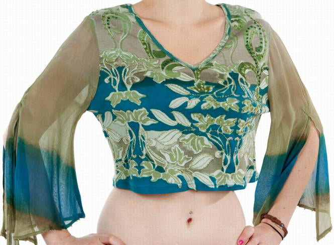 Crop Top met print en doorzichtig gespleten mouwtje in olijfgroen/petrol
