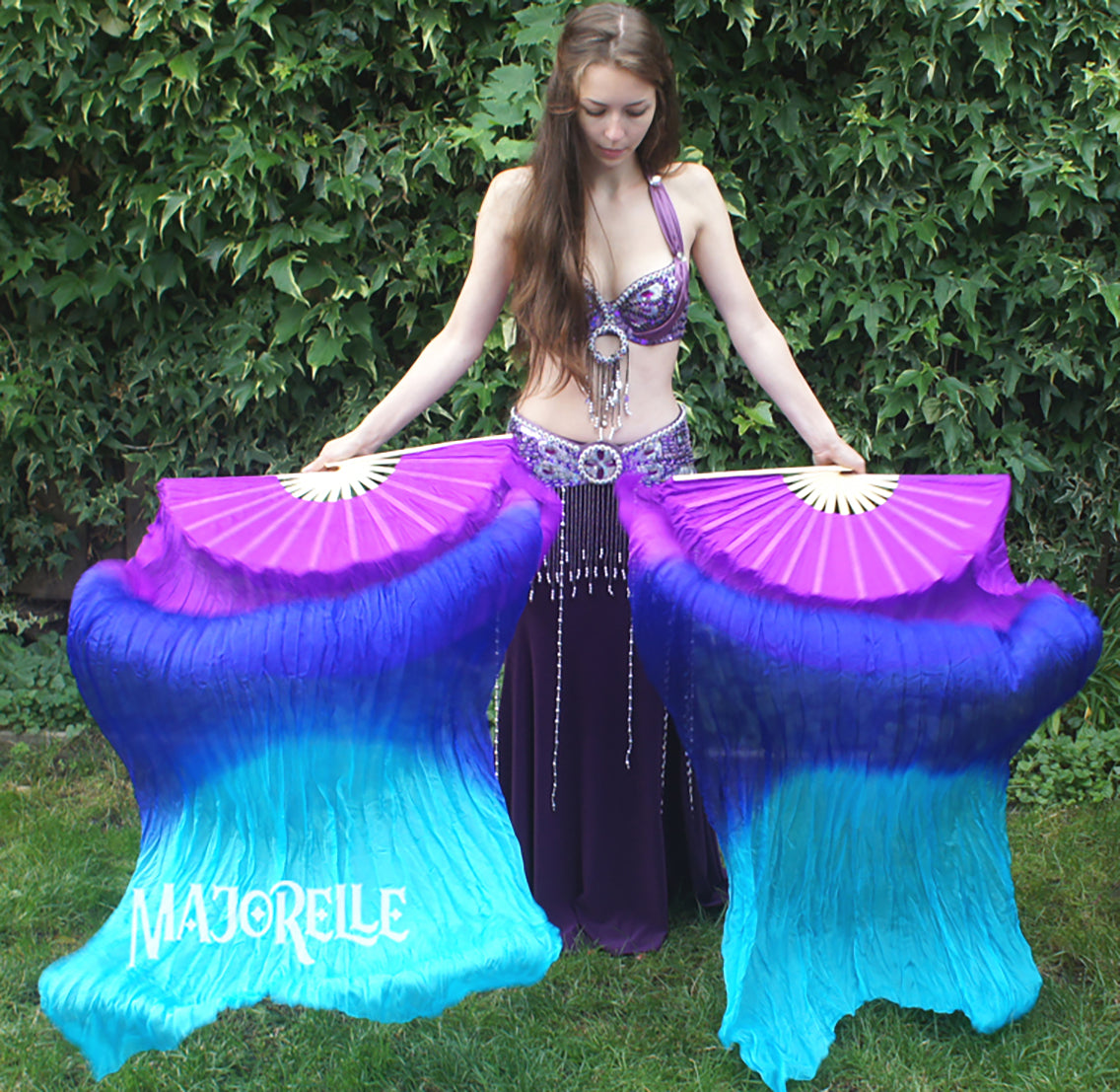 Zijde sluierwaaier in paars blauw turquoise, lengte 150cm