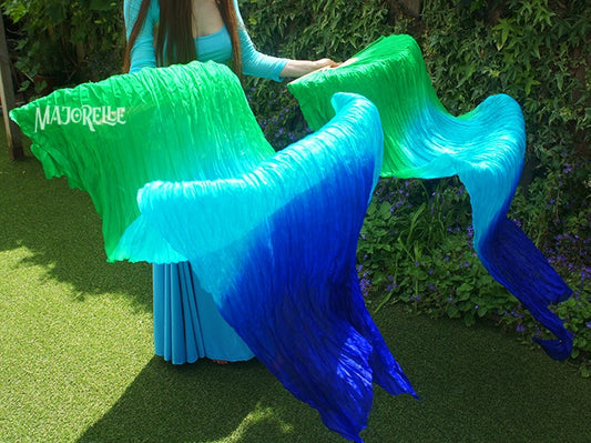 Zijde sluierwaaier in groen turquoise blauw, lengte 150cm