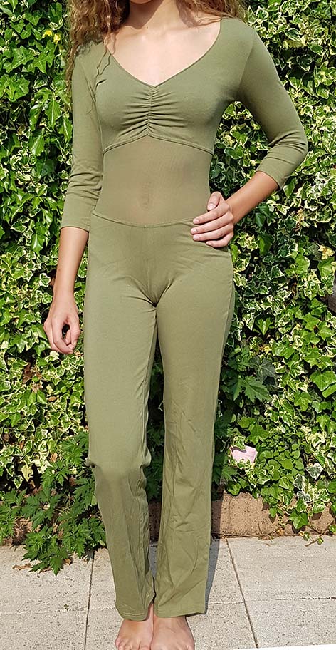 Buikdans Catsuit olijfgroen met versterkt buiknet. Maat XS, S, 2XL en 3XL
