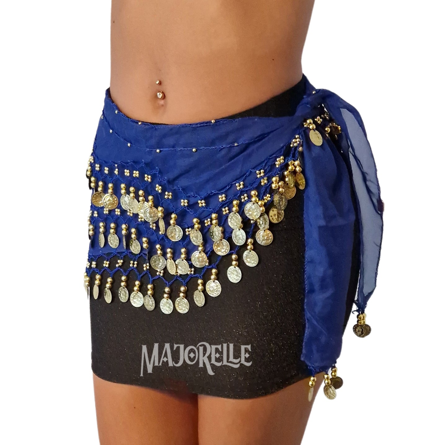 Heupsjaal blauw met gouden muntjes