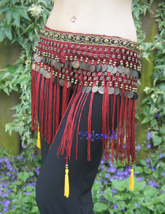 Tribal heupsjaal met franjes en enkele flosjes bordeaux