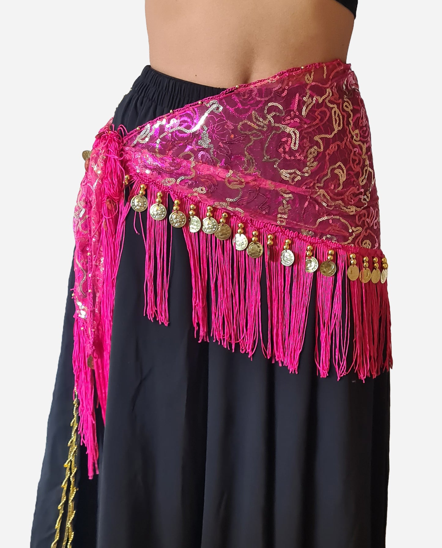 Heupsjaal fuchsia met gouden lijntjes en muntjes