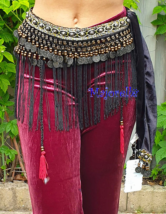 Tribal heupsjaal met franjes in zwart