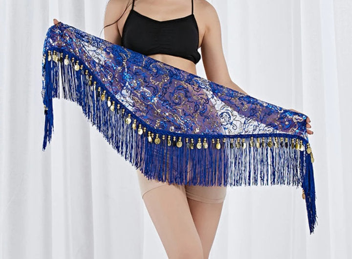 Heupsjaal blauw met gouden lijntjes en muntjes