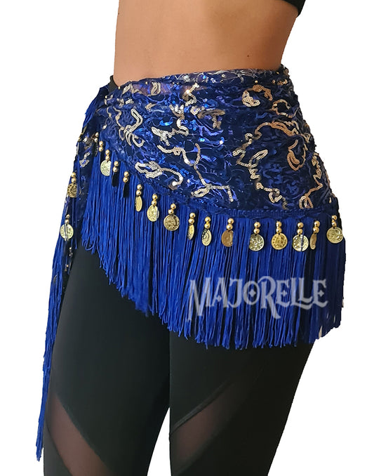 Heupsjaal blauw met gouden lijntjes en muntjes