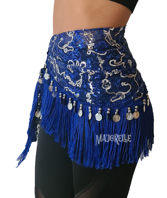 Buikdans heupsjaal blauw met zilveren lijntjes en zilveren muntjes