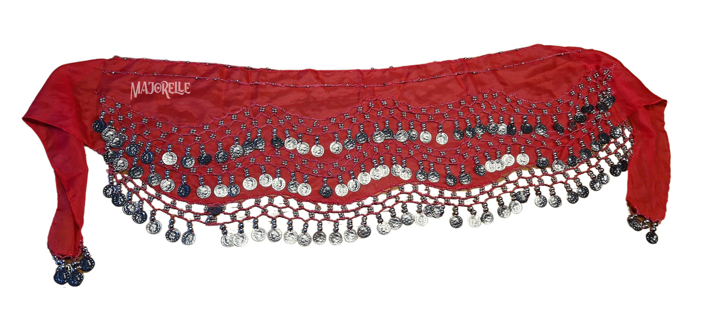 Heupsjaal rood met zilveren muntjes
