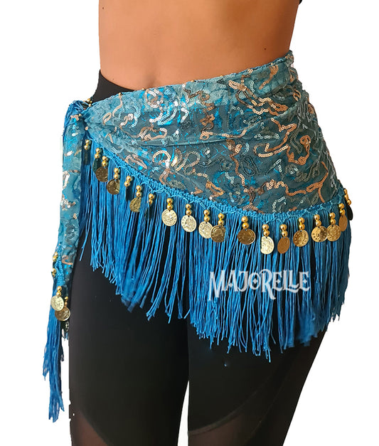 Heupsjaal turquoise met gouden lijntjes en muntjes