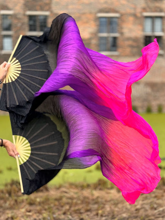 Zijde buikdans sluierwaaiers / fans in zwart/paars/fuchsia.