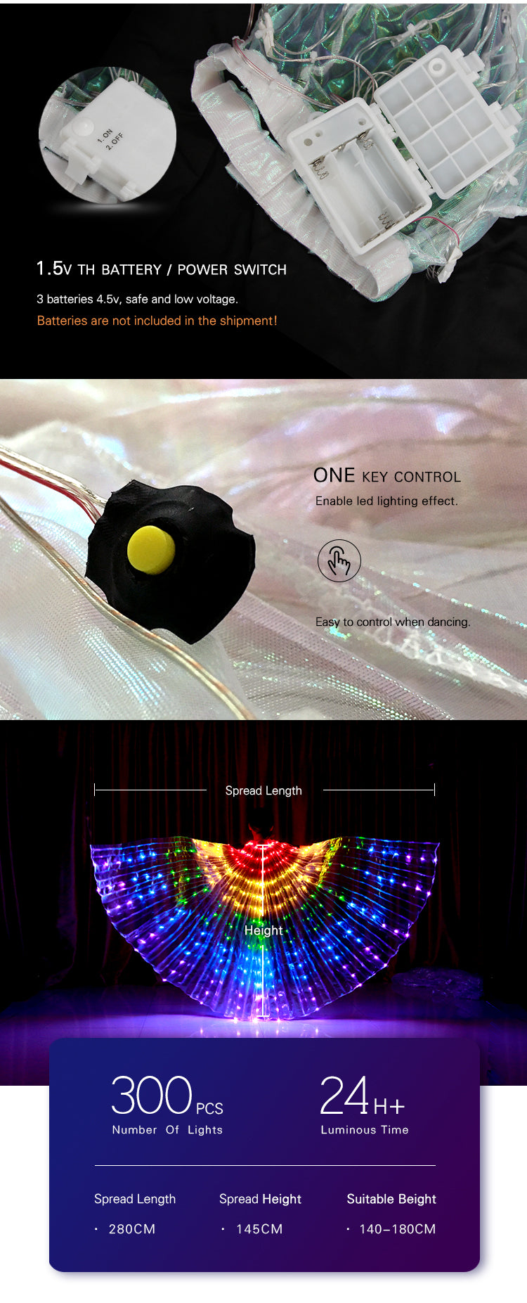Isis Wings organza (doorschijnend) in wit parelmoer met rainbow led lights.
